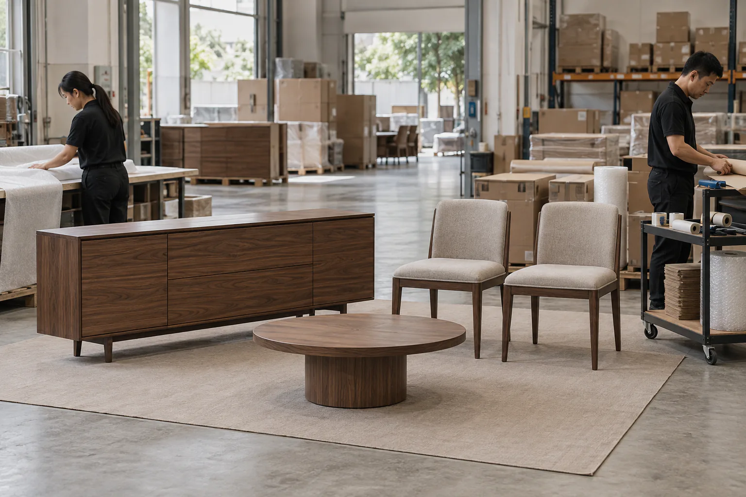 Finished sideboard, chairs and coffee table staged before furniture packaging.