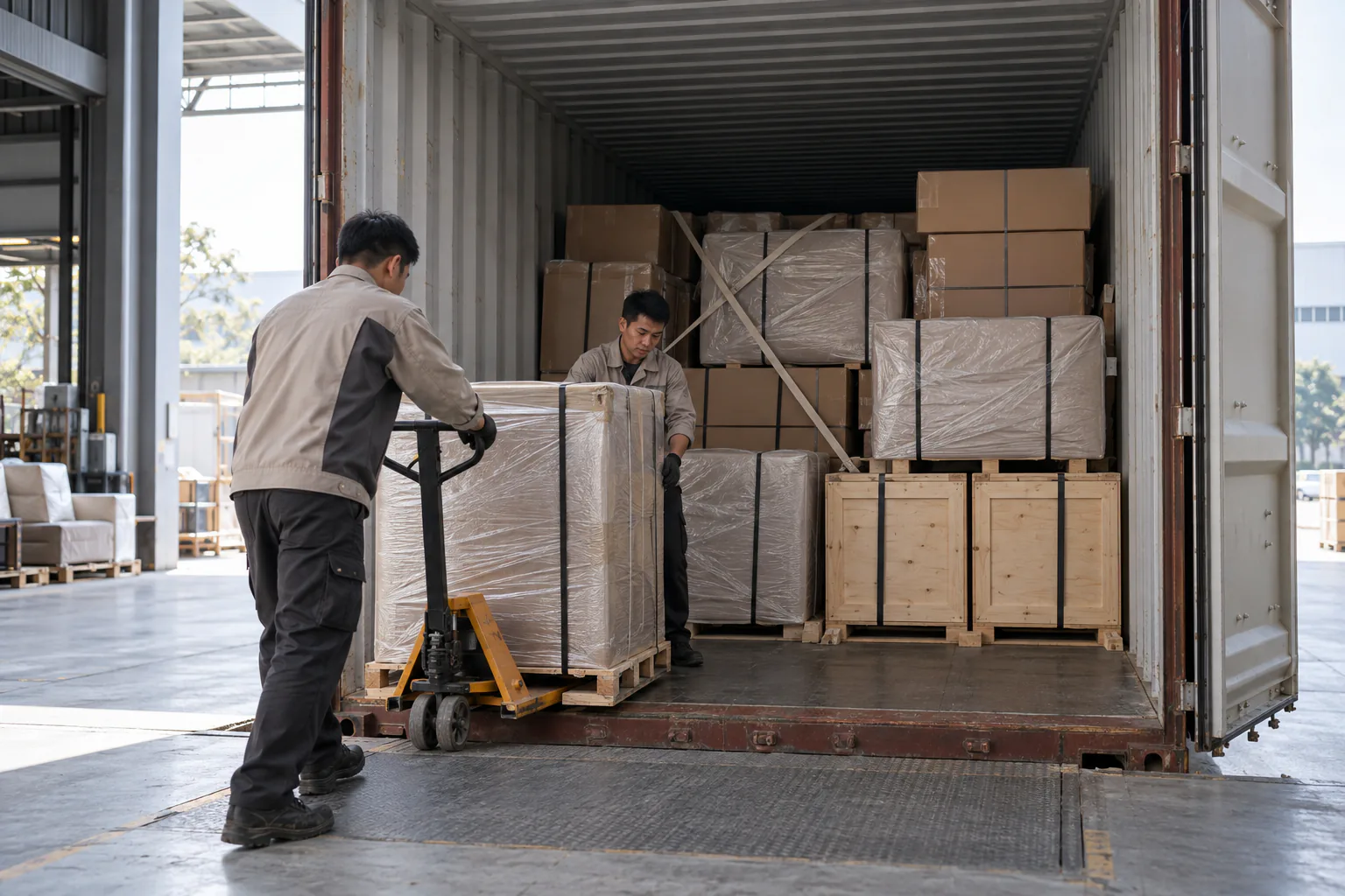 Furniture cartons and timber crates being loaded into a shipping container.