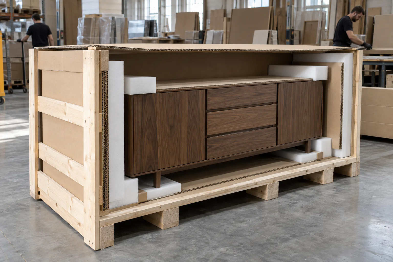 Walnut sideboard protected inside a reinforced carton and open timber frame.