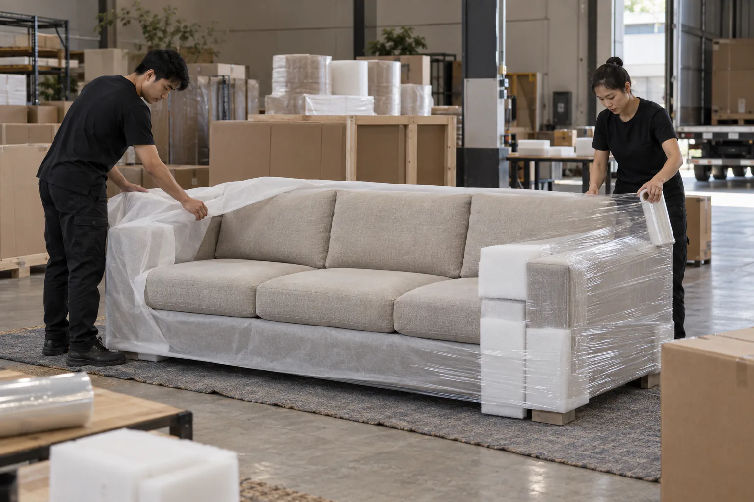 Two staff applying layered export protection to a beige sofa.