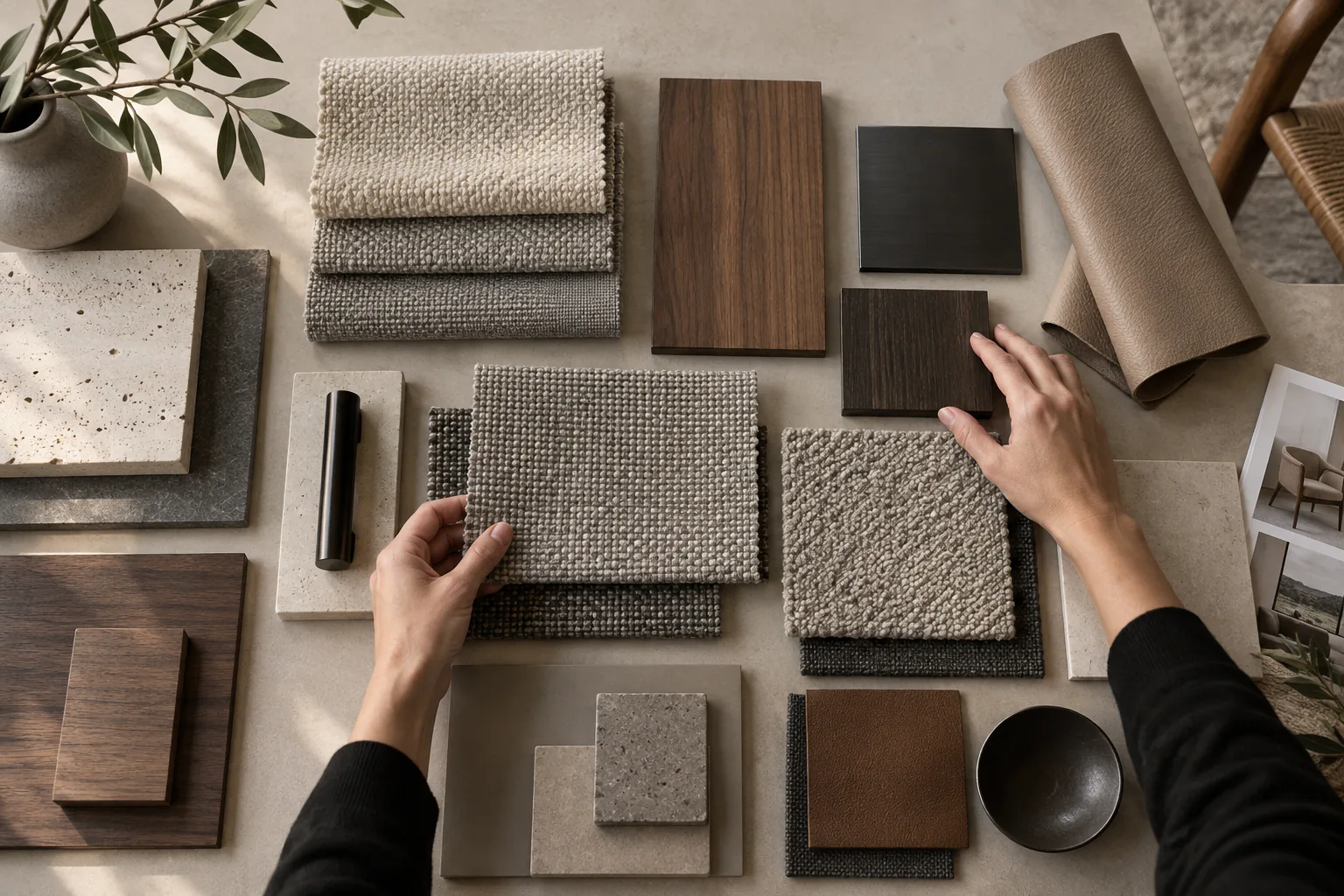 Overhead material board with neutral fabrics, wood, metal, stone and leather samples.