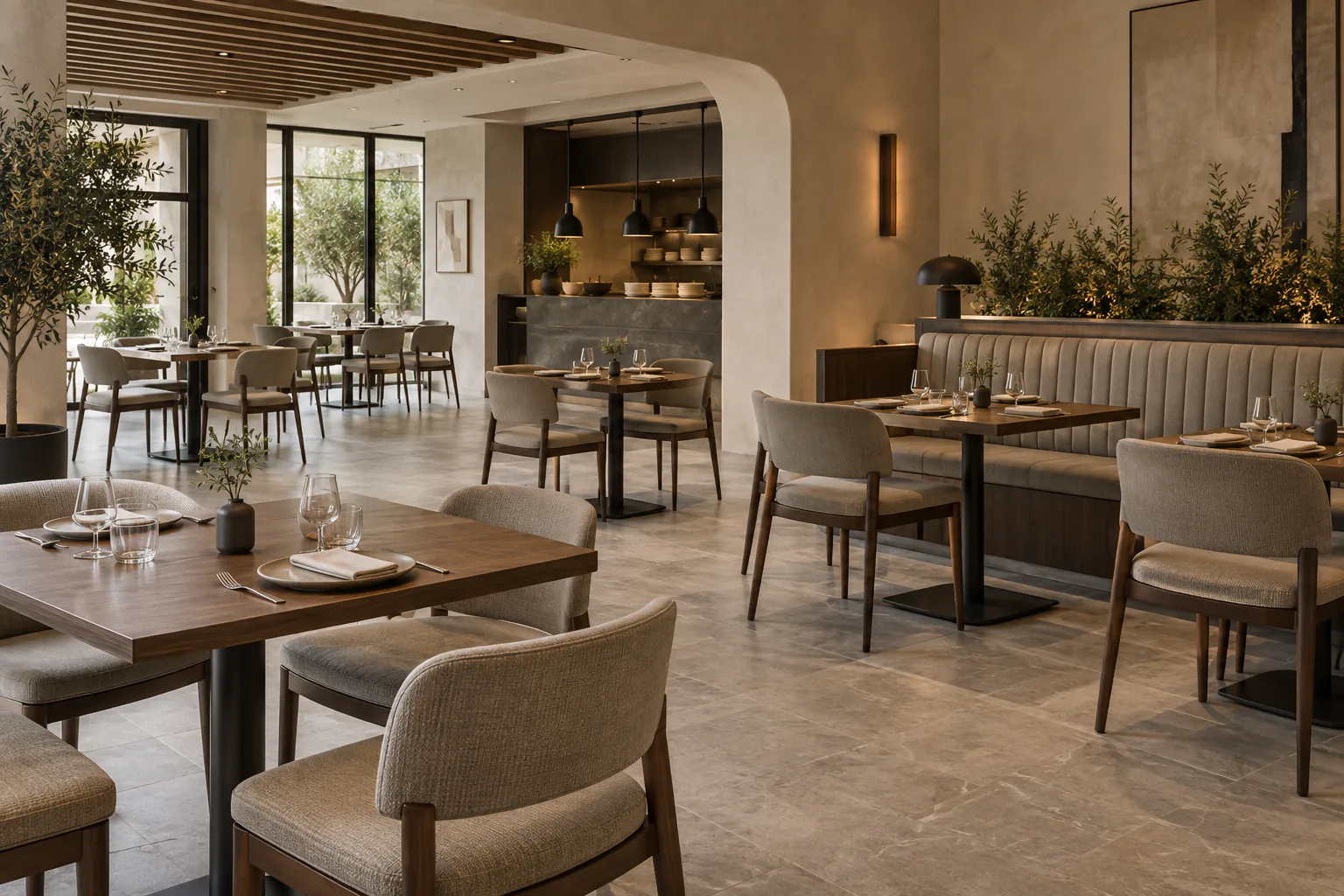 Coordinated restaurant tables, chairs and banquette seating in a hospitality mock-up.