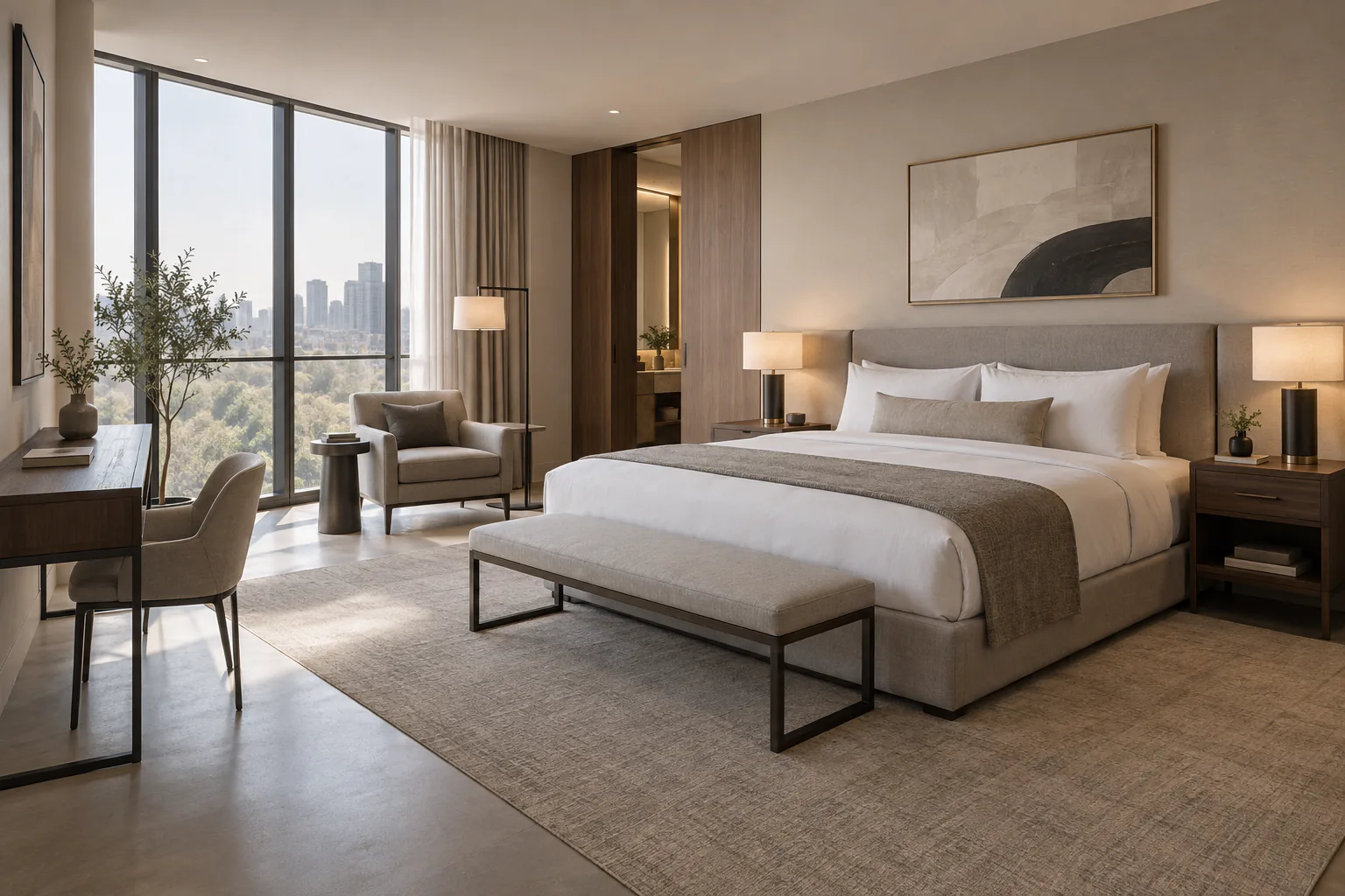 Contemporary hotel guest-room furniture package in a neutral model-room setting.