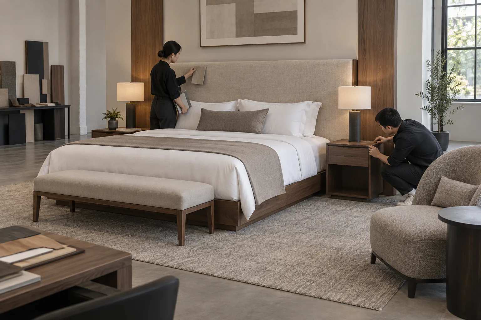 Two project staff inspecting a bed, nightstand and headboard in a guest-room model room.