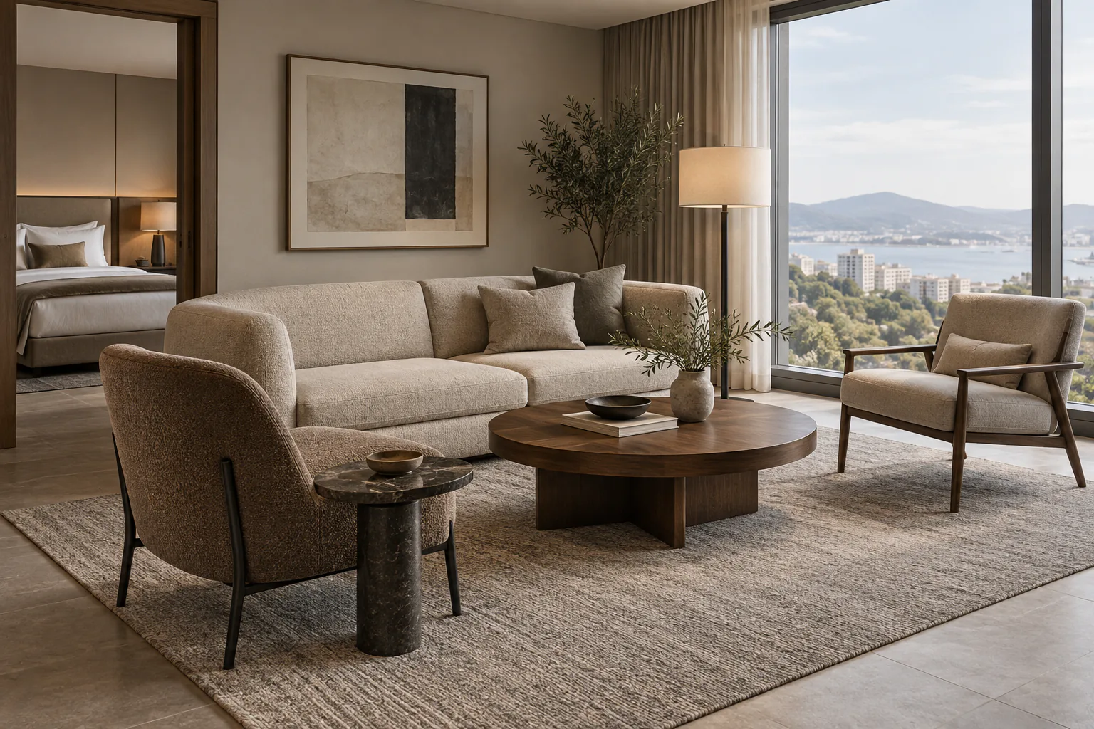 Coordinated sofa, lounge chairs and tables in a hotel suite seating package.