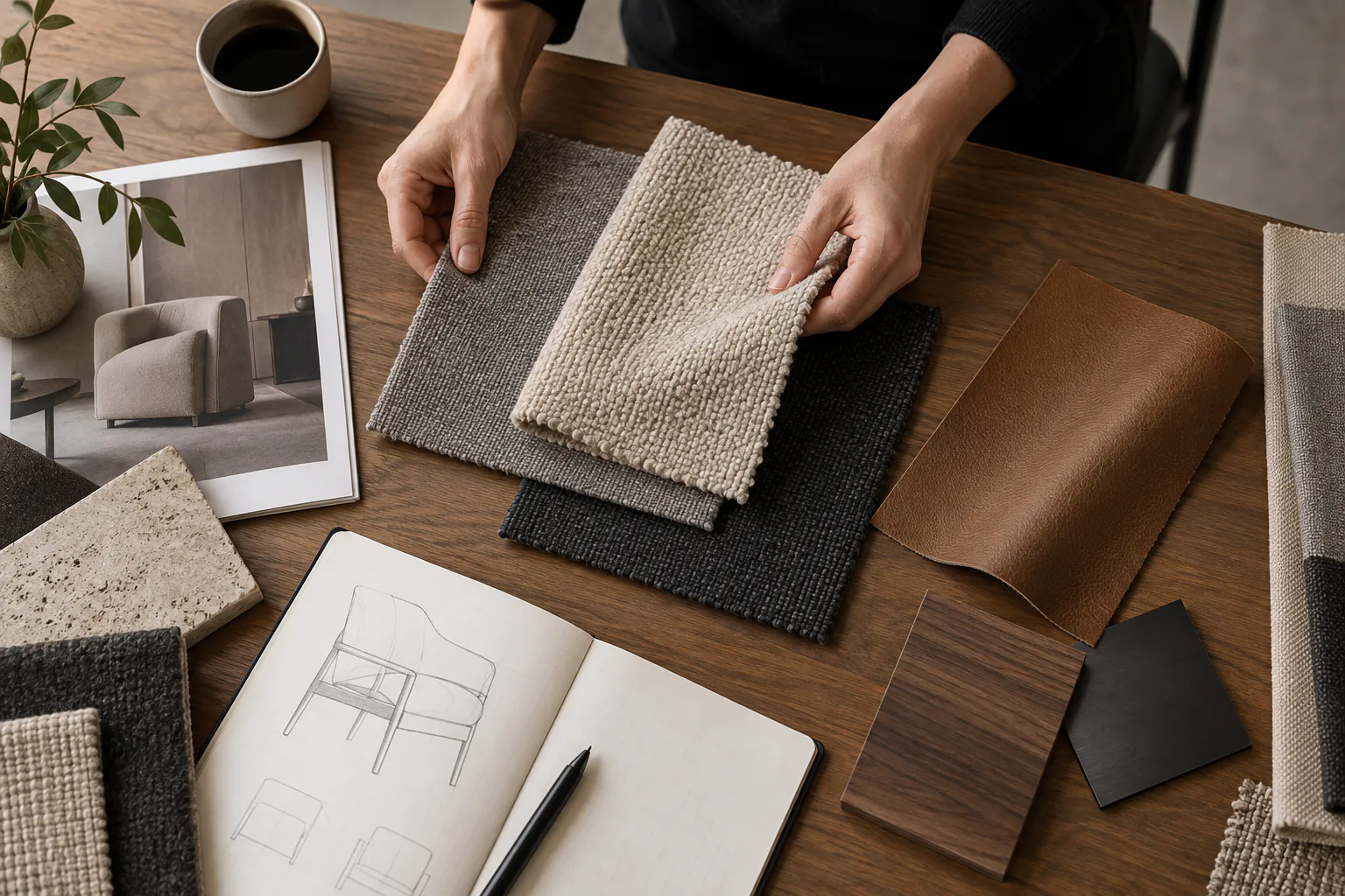 Hands comparing neutral upholstery, leather, wood and metal samples on a worktable.