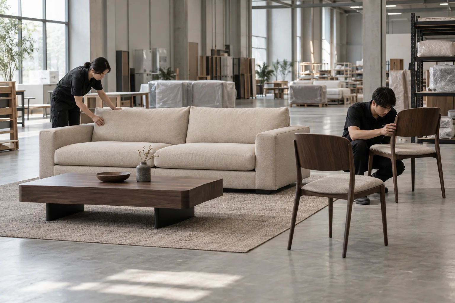 Two inspectors reviewing a sofa and chairs before furniture packaging.