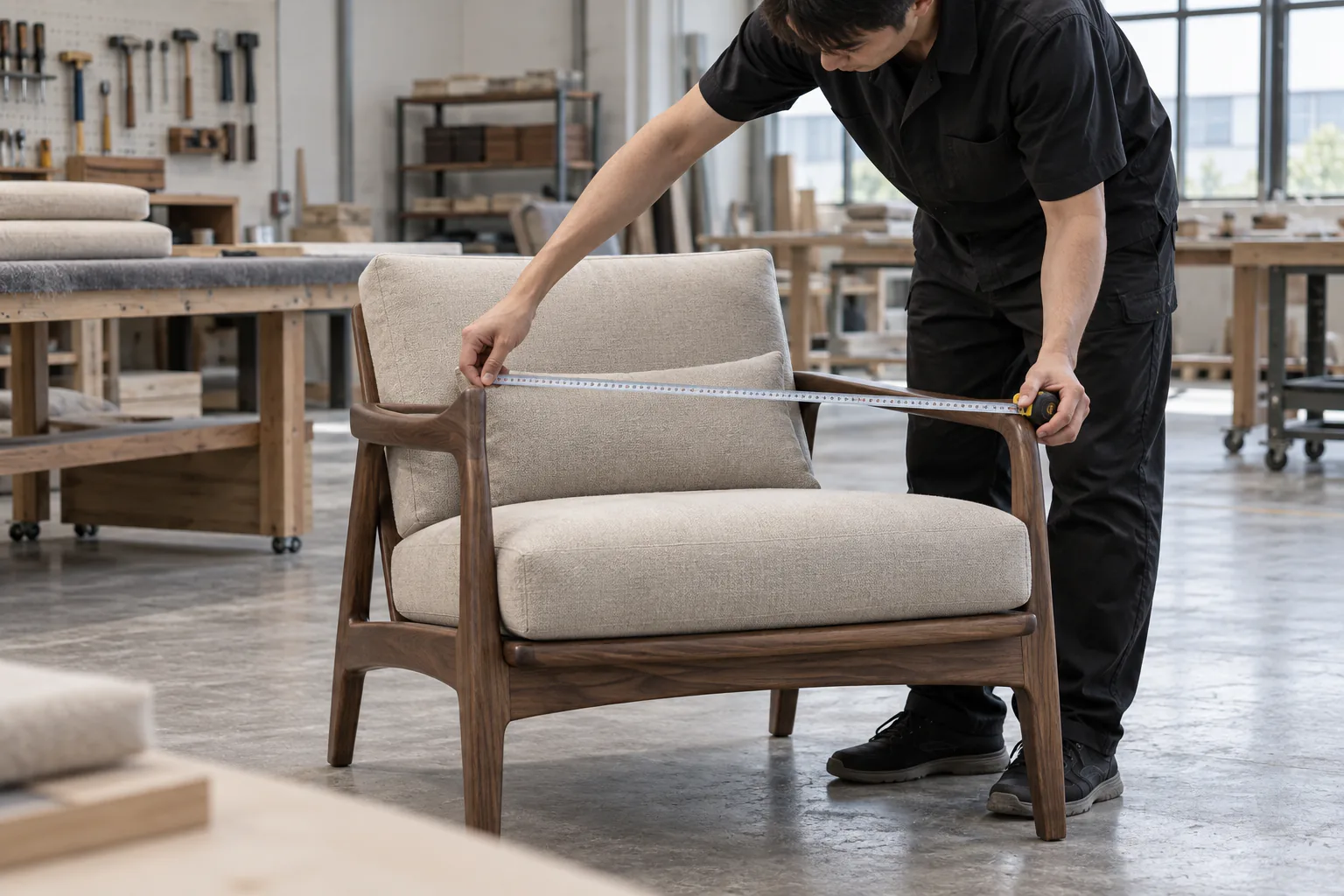 Inspector measuring the width of a walnut-framed upholstered lounge chair.
