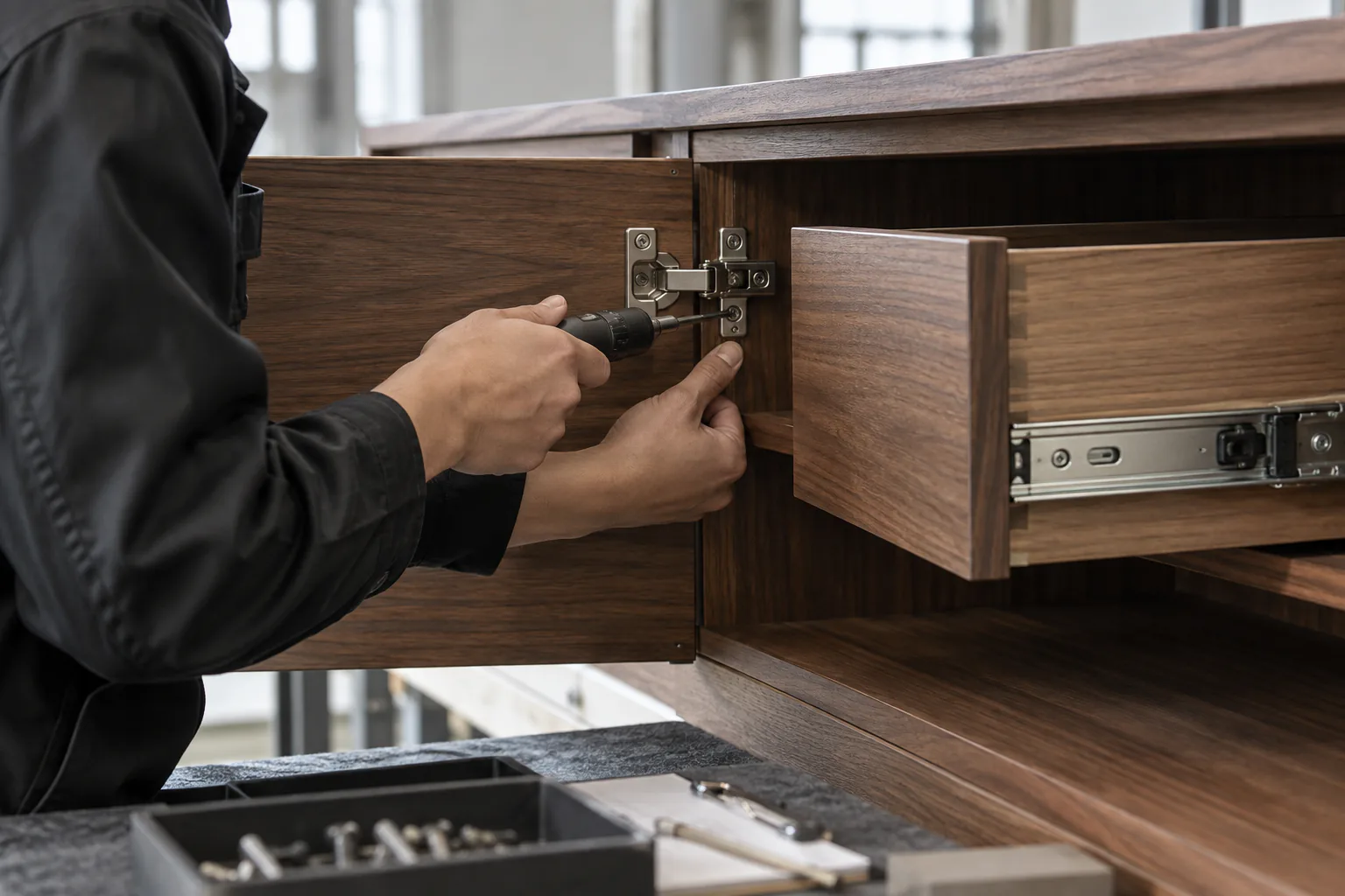 Technician checking a concealed hinge and drawer slide on a walnut sideboard.
