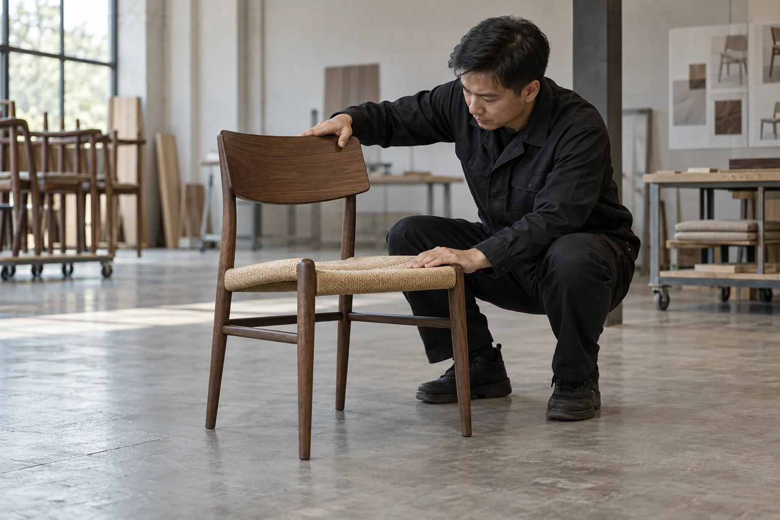 Technician testing the stability of a walnut dining chair on a level floor.