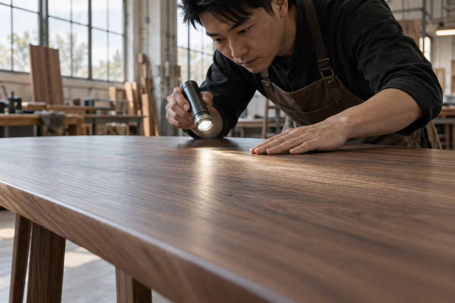 Inspector examining a walnut tabletop surface with a handheld light.