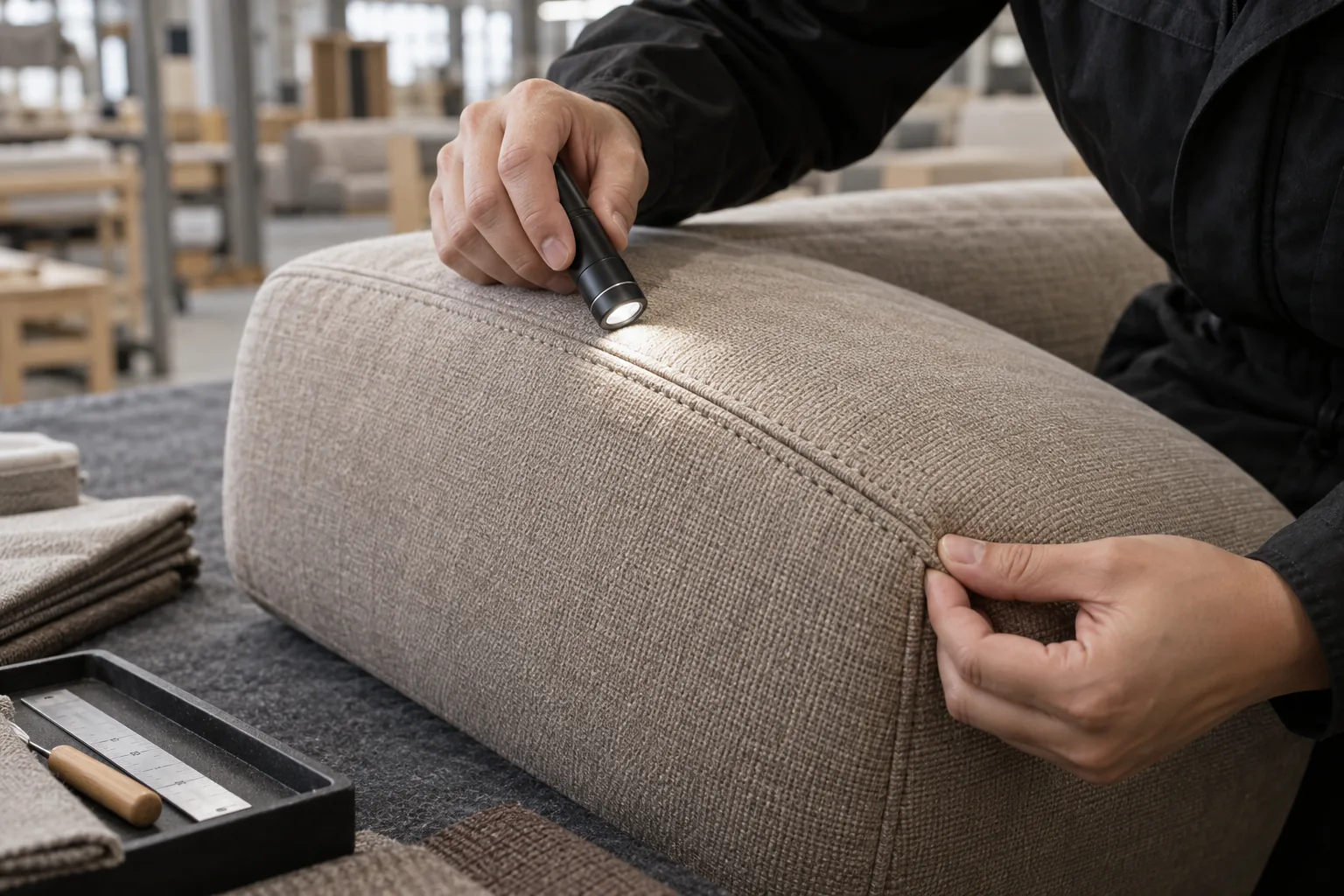 Inspector checking the stitching on a beige sofa cushion under a small light.