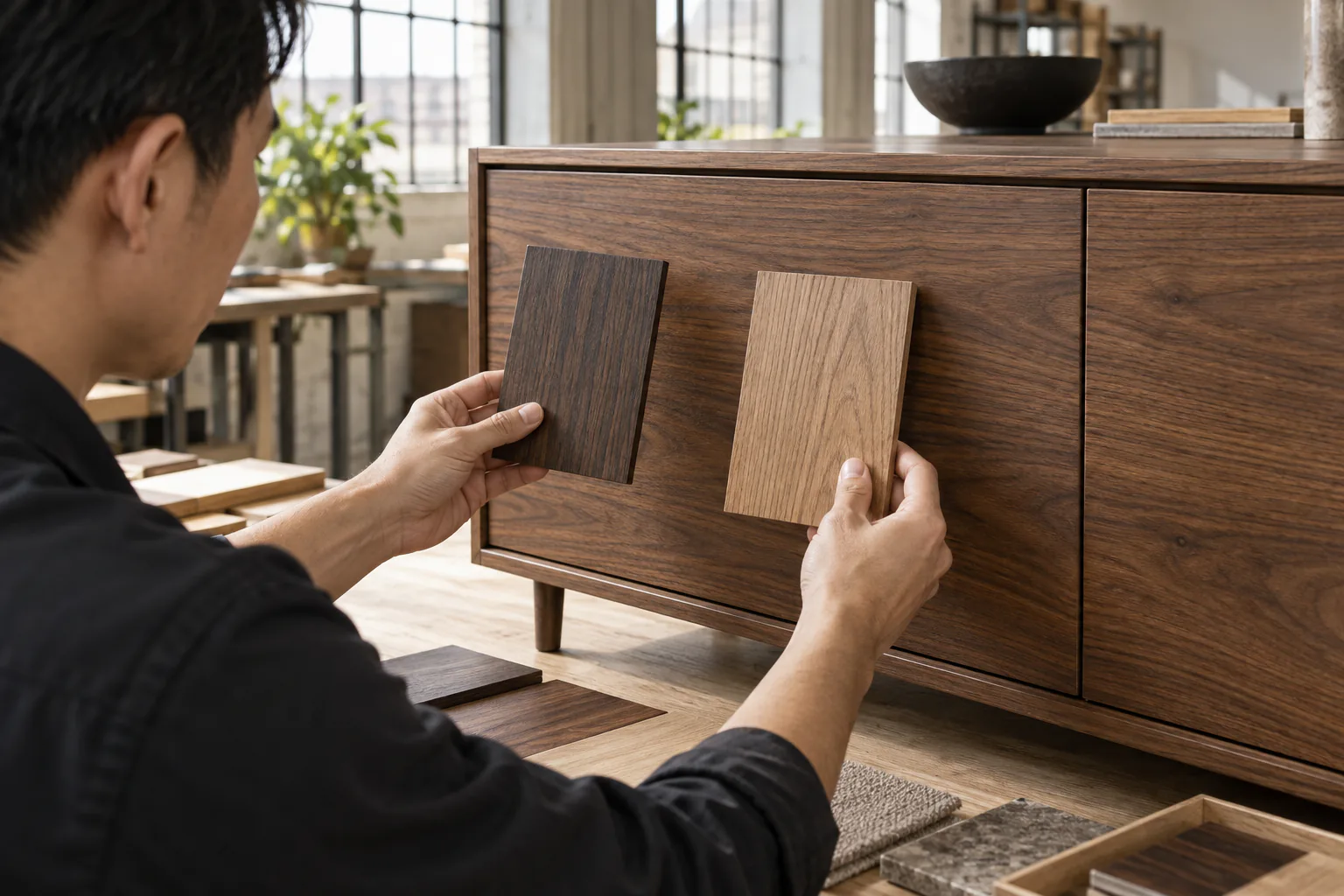 Technician comparing wood finish samples against a walnut sideboard.